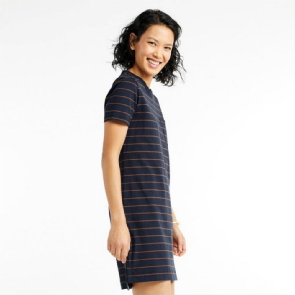 L.L. Bean Signature Knit Shirt Dress Blue Orange Striped Stetch Long Shirt Sz S